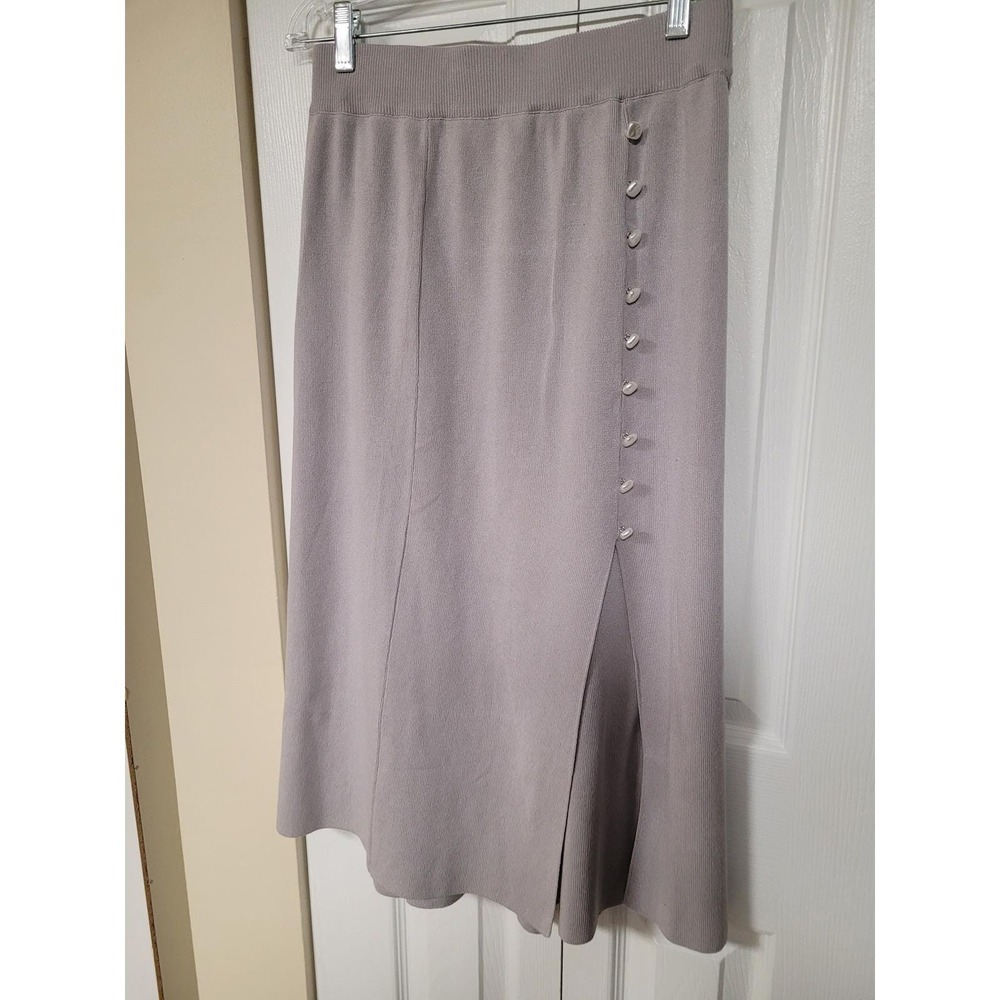 Grey Knit Midi Stretch Skirt Side Slit Festival Pearl Button Detail Size XL